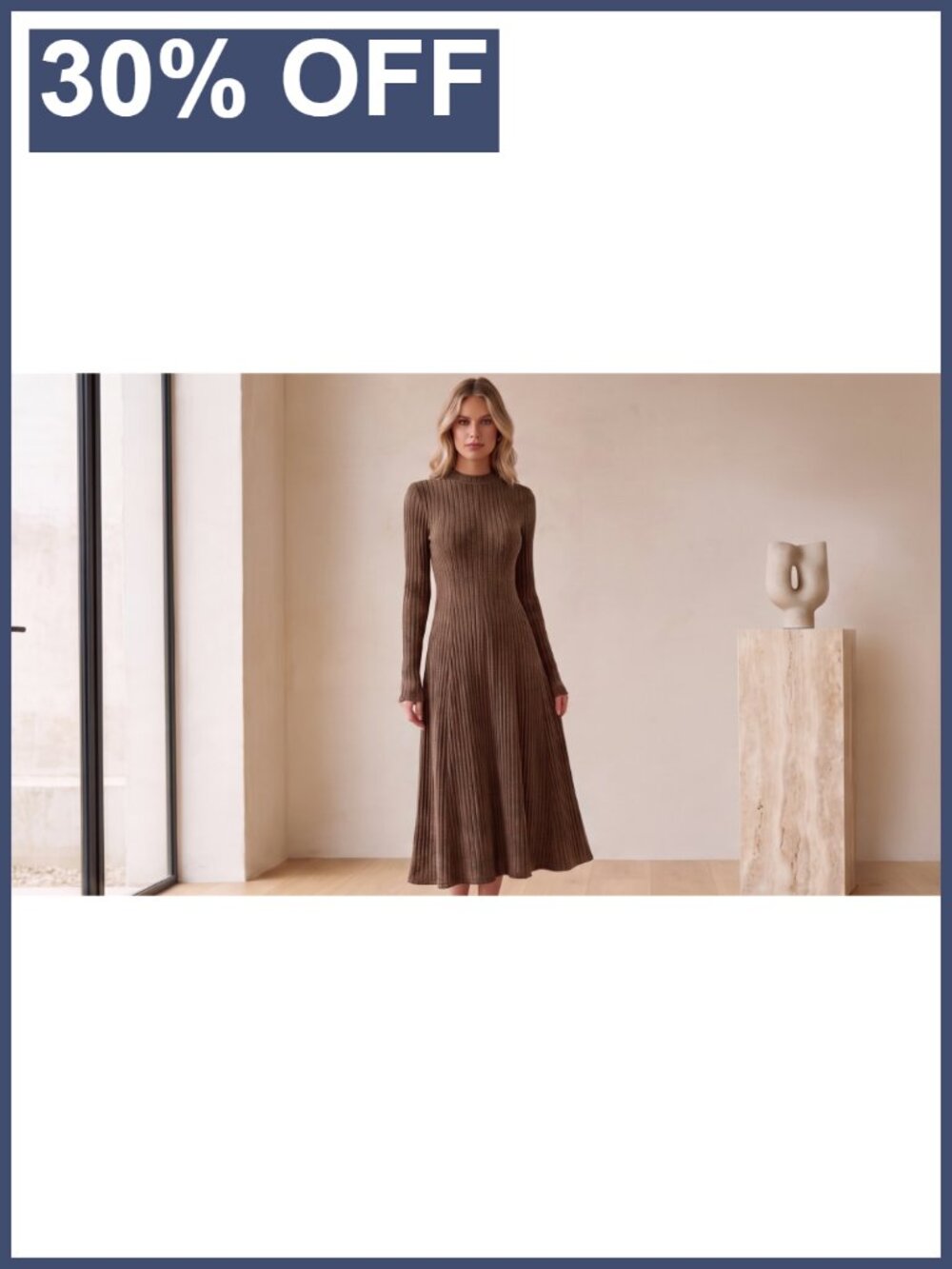 Ribbed Knit Mock Neck Long Sleeve Midi Dress - Picture 6 of 6